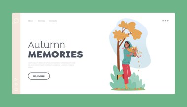 Autumn Memories İniş Sayfa Şablonu. Parkta Neşeli Kadın Düşen Yapraklar grubuyla Güneşli Hava 'nın tadını çıkarıyor. Kadın Karakteri Doğa 'da Zaman Geçirir. Çizgi film İnsanları Vektör İllüstrasyonu