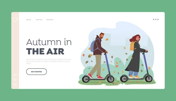 Autumn Day Landing Page Template. Young Man and Woman Characters Driving Scooters in City Park. People Walk, Outdoors Activity, Happy Girl and Boy Fall Recreation, Relax. Cartoon Vector Illustration