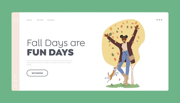 Fall Days Landing Page Template Happy Black Teen Girl Spend — Stock vektor