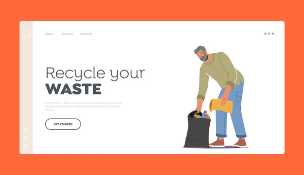 Waste Recycling Landing Page Template Senior Volunteer Male Character Clean — Stock Vector