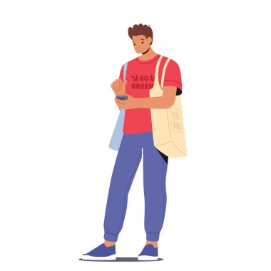 Eko Torbalı Genç Gülümseyen Adam ve Beyaz Arkaplanda İzole Edilmiş Akıllı Telefonlu Adam. Erkek Karakteri Yiyecek ve Alışveriş İçin Arkadaş Canlısı Paketleme Ekolojisini Kullanıyor. Çizgi film Vektör İllüstrasyonu
