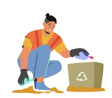 Cleaning Service Concept. Janitor Male Character Street Cleaner Pick Up Trash and Garbage on Beach City Park and Put into Litter Bin Isolated on White Background. Cartoon People Vector Illustration