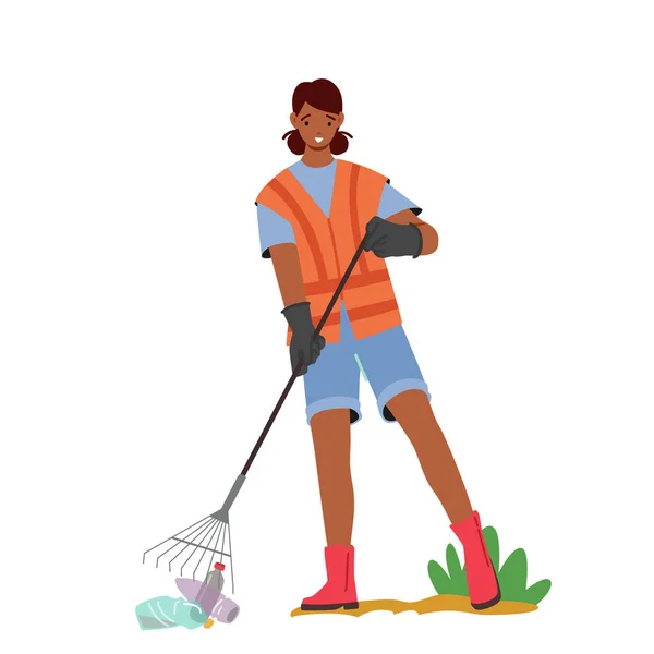 Εθελοντής Γυναίκα Χαρακτήρας Καθαρισμός Σκουπίδια Στην Παραλία Απομονωμένα Λευκό Φόντο — Διανυσματικό Αρχείο