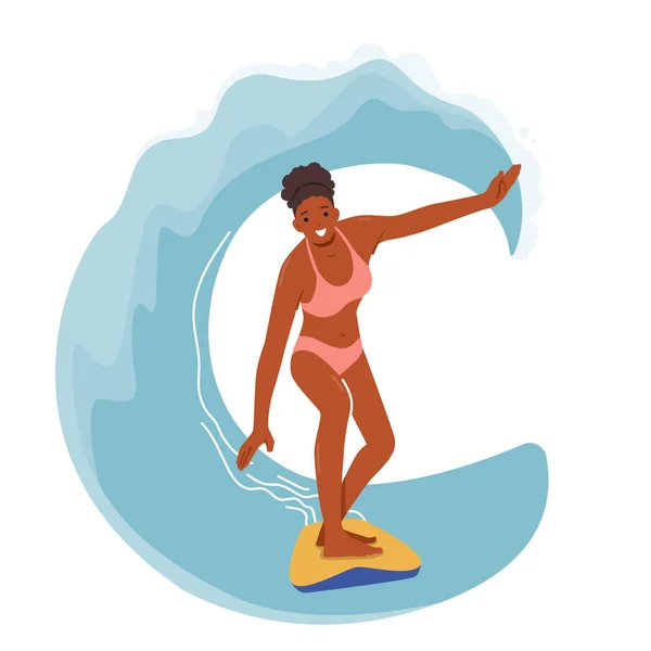 Young Woman Surfer Character Bikini Stand Surfboard Hands Outspread Trying — Stockvektor