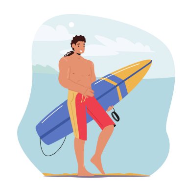 Yüzme Yürüyüşü 'ndeki genç sörfçü Ocean Beach boyunca sörf tahtası ile birlikte. Karakter Yaz Aktivitesi, Sağlıklı Yaşam Tarzı, Egzotik Sörf Tatil Tatili. Çizgi film Vektör İllüstrasyonu