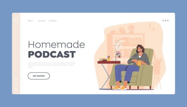 Ev yapımı Podcast İniş Şablonu. Çevrimiçi Radyo Şovu, Müzik Eğlencesi, Ev Rahatlığı. Mobil Uygulama 'da Telefonla Oturan ve Podcast' i Dinleyen Kadın Sesin keyfini çıkarıyor. Çizgi film İnsanları Vektör İllüstrasyonu