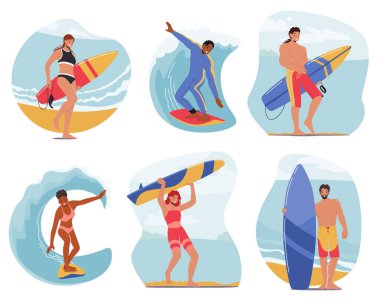 Set of Surfers Summer Activity, Lifestyle. Male and Female Characters, Surfing Sport, Men and Women in Swimwear Riding Surf Boards by Ocean Waves. Sports People Sparetime. Cartoon Vector Illustration.