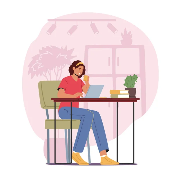 Relaxed Woman Freelancer Laptop Asztalnál Coffee Cup Gondolkodás Feladatok Szabadúszó — Stock Vector