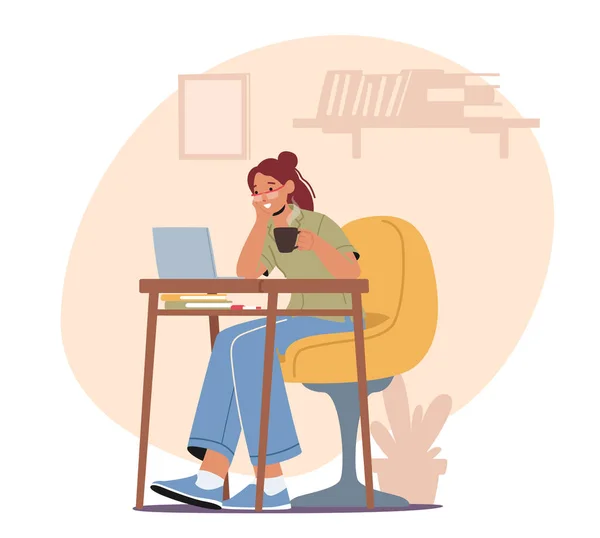 Relaxed Woman Freelancer Character Working Laptop Sitting Desk Cup Coffee — стоковий вектор