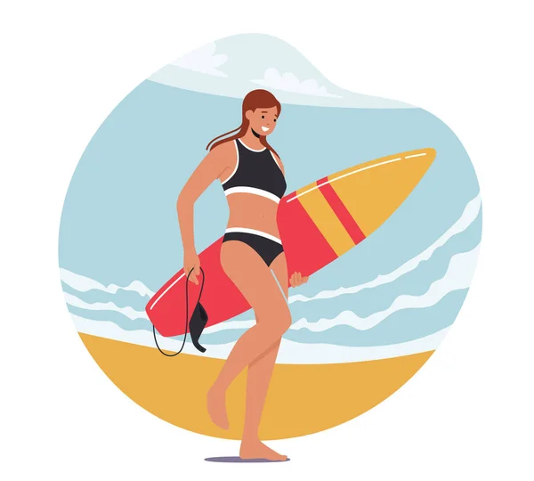 Young Woman Surfer Character Swim Wear Walking Board Sea Beach — Wektor stockowy