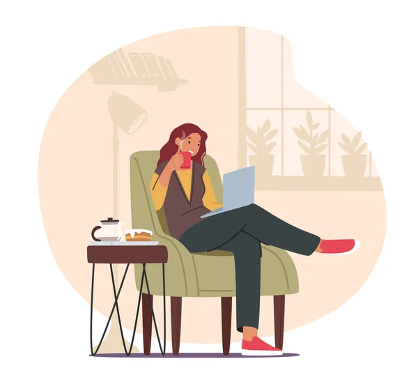 Концепція Віддаленої Вільної Роботи Woman Freelancer Sitting Comfortable Armchair Coffee — стоковий вектор