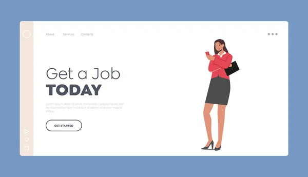 Get Job Today Landing Page Template Young Business Woman Wear — Stockový vektor