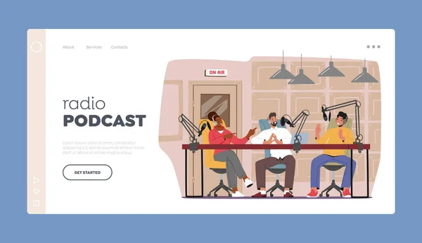 Radio Podcast Landing Page Template Male Female Characters Record Online — Stock vektor