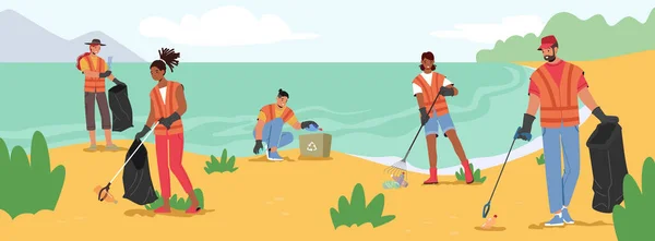 해수욕장에서 쓰레기 Diverse Volunteers Clean Wastes Bags Ocean Coastline Vector — 스톡 벡터