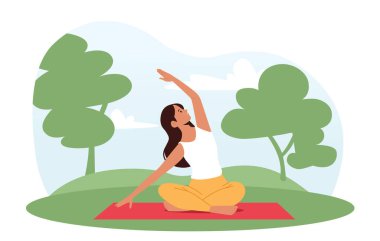 Doğa üzerine Yoga, Açık Hava Gevşemesi. Lotus Poz veren bir kadın, Asana 'da meditasyon yapıyor. Sağlıklı Yaşam Tarzı, Duygusal Denge, Uyum, Eğlence Eğitimi. Çizgi film İnsanları Vektör İllüstrasyonu
