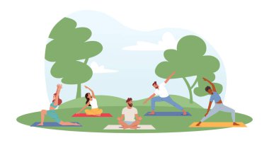 Park 'ta egzersiz yapan insanlar. Erkek ve Kadın Karakterler Açık Yoga Etkinliği Konsepti. Fitness, Egzersiz Farklı Pozisyonlar, Esneme, Sağlıklı Yaşam Tarzı, Boş Zaman. Çizgi film Vektör İllüstrasyonu