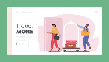 Hospitality, Room Reservation Landing Page Template. Hotel Staff Meeting Guest in Hall Carrying Luggage by Cart. Woman Character Checkin Stay in Guesthouse for Trip. Cartoon People Vector Illustration