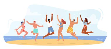Group of Happy Young People in Swim Wear Jumping with Hands Up, Summer Vacation, Beach Party Celebration, Fun, Outdoor Activity. Male and Female Characters Rejoice. Cartoon Vector Illustration