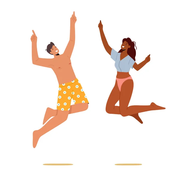 Happy Couple Jump Joice Celebrate Beach Party Glimlachende Jonge Man — Stockvector