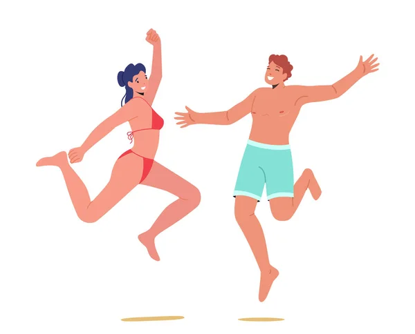 Персонажи Счастливые Люди Купальных Костюмах Прыгают Поднятыми Руками Мужчины Женщины — стоковый вектор