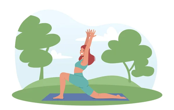 Woman Practice Outdoor Yoga Stand Warrior Posture Hands Summer Park — Stock Vector