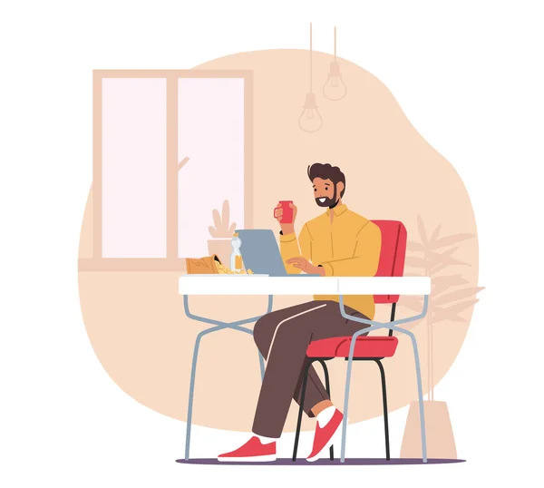 Remote Freelance Work Concept Man Freelancer Sitting Comfortable Armchair Working —  Vetores de Stock