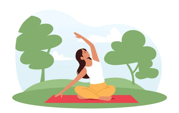 Yoga Nature Outdoor Relaxation Woman Sit Lotus Pose Hand Meditating — Stock Vector