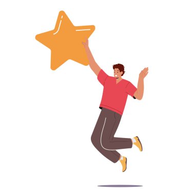 Cheerful Male Character Holding Huge Golden Star Isolated on White Background. Positive Review, User Feedback, Recommendation Rate. High Quality Ranking Concept. Cartoon People Vector Illustration