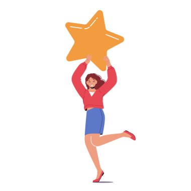 Client with Golden Star in Hands. Customer Feedback, Rating, Evaluation Concept. Tiny Woman Hold Huge Gold Star, Rating, Consumer Review, Satisfaction Level and Critic. Cartoon Vector Illustration