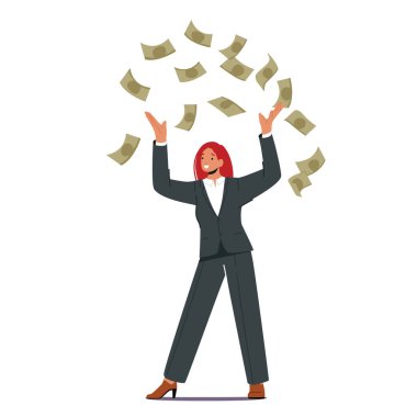 Successful Businesswoman Millionaire, Financial Growth, Wealth and Prosperity Concept. Rich Business Woman Character Rejoice and Throw Dollar Banknotes in Air. Cartoon Vector Illustration