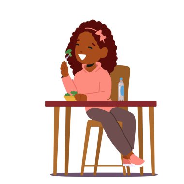 Little African Girl Eating Broccoli Kid Eat, Cute Smiling Child Sitting at Table with Healthy Vegetable and Water Bottle Isolated on White Background Character. Cartoon People Vector Illustration