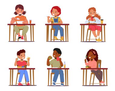 Set Kids Eat Food, Little Girls and Boys Sitting at Table with Tasty Meal Isolated on White Background. Baby Characters Eating at Home, School or Kindergarten. Cartoon People Vector Illustration