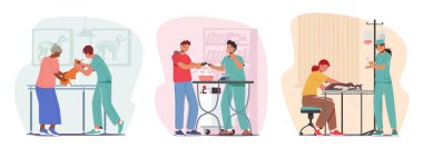 Set Vet Clinic Doctors Working And Caring Of Pets. Men and Women Owners With Cat, Dog and Rats In Cage on Appointment In Veterinary Hospital, Animal Health Care, Medicine, Cartoon Vector Illustration