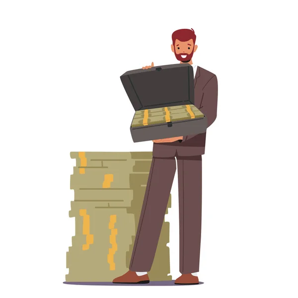 Happy Male Character Presenting Open Suitcase Dollar Stack Man Celebrate — Archivo Imágenes Vectoriales