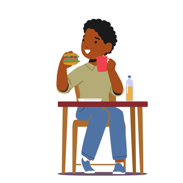 Little African Boy Eating Burger Drink Tea Kid Eat Fastfood — Stockvektor