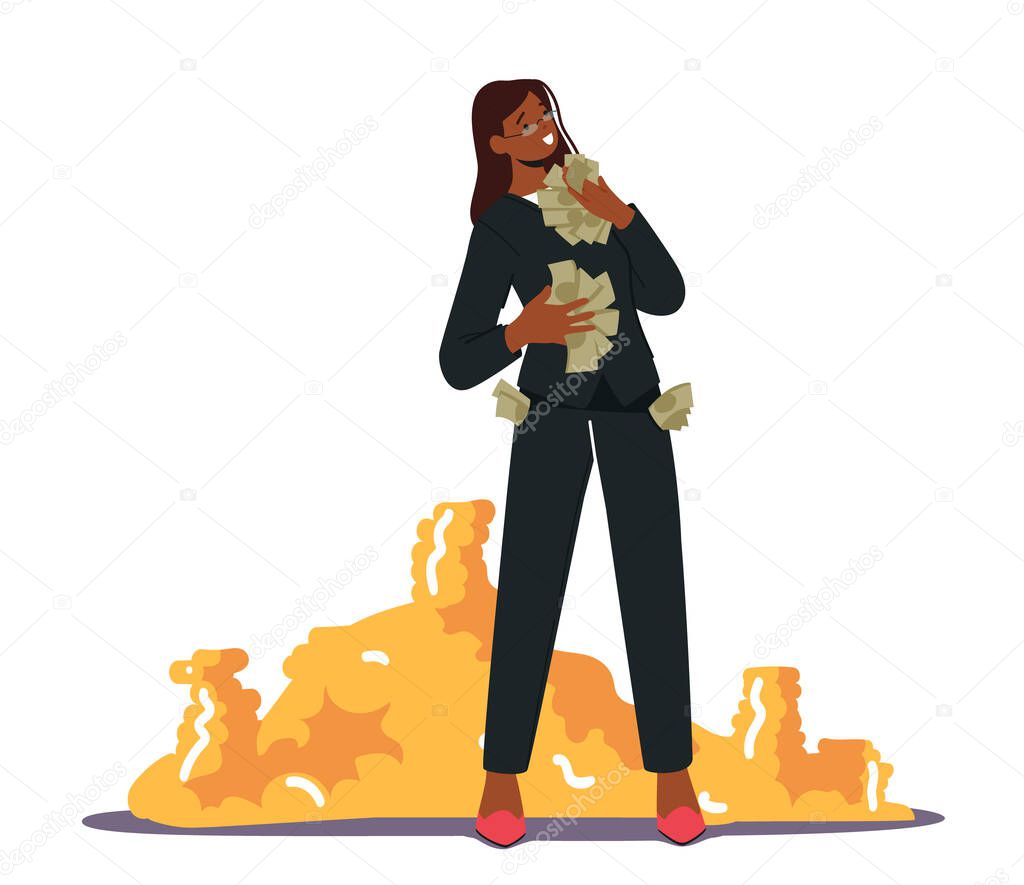 Wealth and Prosperity Concept. Rich Millionaire Female Character Holding Dollars near Huge Stack of Golden Coins. Business Woman, Investor or Lottery Winner with Money. Cartoon Vector Illustration