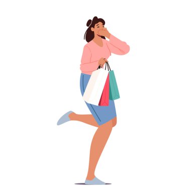 Cheerful Shopaholic Girl with Purchases in Colorful Paper Bags. Happy Woman Holding Shopping Packages. Female Buyer Having Fun Doing Shopping. Seasonal Sale, Discount, Cartoon Vector Illustration
