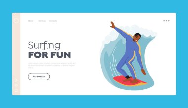 Surfing Relax in Ocean Landing Page Template. Young Man Surfer in Swim Wear Keep Balance on Board Riding Big Sea Wave. Character Summertime Active Life in Exotic Country. Cartoon Vector Illustration