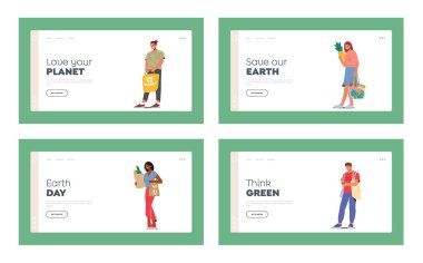Save Planet Landing Page Template Set. People Stand with Reusable Packaging in Hands. Male and Female Characters Use Eco Bags for Shopping, Purchases and Boughts. Cartoon Vector Illustration