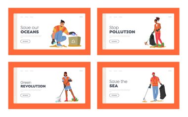 People Collecting Trash on Sea Beach Landing Page Template Set. Garbage Pollution, Ecology and Earth Protection. Volunteers Clean Up Wastes into Bags on Ocean Coastline. Cartoon Vector Illustration