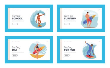 Surfers Summer Activity Lifestyle.Landing Page Template Set. Male and Female Characters, Surfing Sport, Men and Women in Swimwear Riding Surf Boards by Ocean Waves. Cartoon People Vector Illustration.
