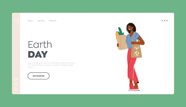 Earth Day Landing Page Template Female Character Shopping Eco Friendly — Wektor stockowy
