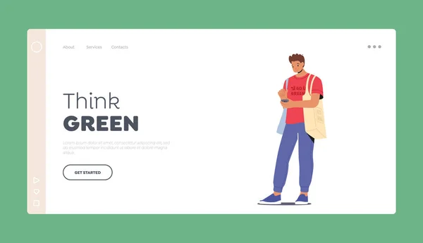 Think Green Landing Page Template Young Smiling Man Eco Bags — Stok Vektör