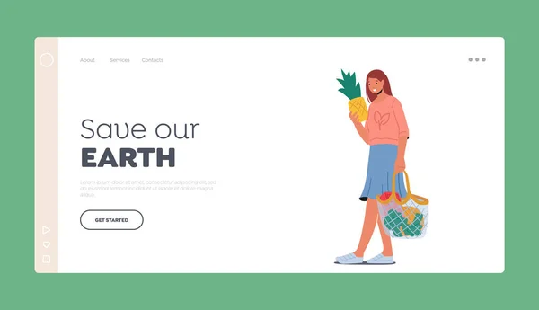 Our Earth Landing Page Template Woman Carry Products Eco Friendly — Wektor stockowy