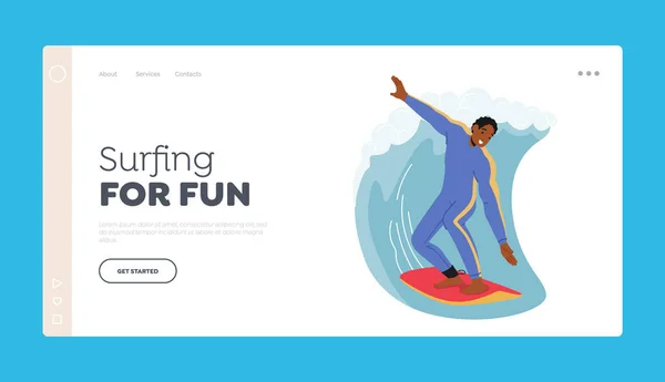 Surfing Relax Ocean Landing Page Template Young Man Surfer Swim — Stockový vektor
