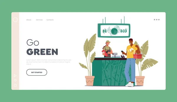 Packing Recycling Landing Page Template Male Character Buying Food Reusable — Archivo Imágenes Vectoriales