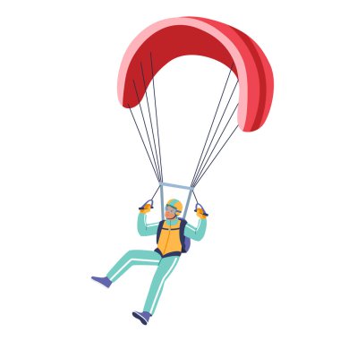 Paragliding, Parachute Jumping Extreme Activity, Skydiver Recreation. Parachutist Character Flying in Sky Jump with Parachute, Skydiving Sport Isolated on White Background. Cartoon Vector Illustration