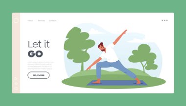 Sport Life Activity Landing Page Template. Healthy Man Doing Yoga Asana or Aerobics Exercise Standing on Mat in Summer Park on Nature. Male Character Healthy Lifestyle. Cartoon Vector Illustration