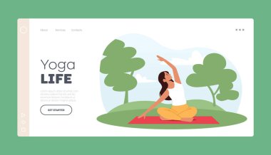 Yoga Life Landing Page Template. Woman Sit in Lotus Pose with Hand Up, Meditating in Asana. Healthy Lifestyle, Emotional Balance, Harmony, Recreational Training. Cartoon People Vector Illustration