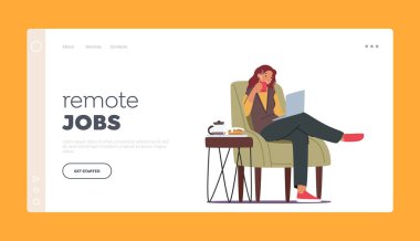 Remote Jobs Landing Page Template. Freelance Work Distant. Woman Freelancer Sitting in Comfortable Armchair with Coffee Cup Working on Laptop. Character Work at Home. Cartoon Vector Illustration